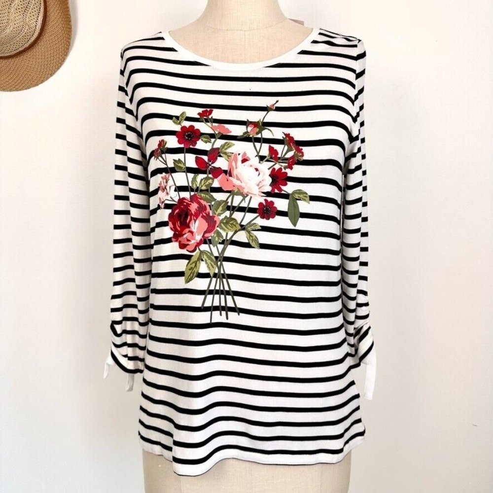 Reitmans Women's Long Sleeve Striped Top Medium Black White Floral New NWT